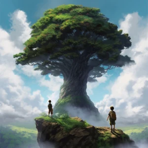 Two travelers facing the great tree at the heart of The Divine Majika